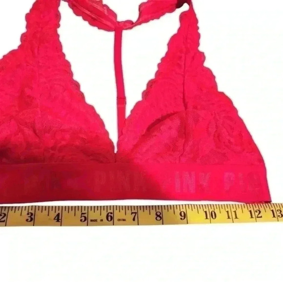 VICTORIA'S Secret Pink Bralette Lipstick Red Lace Logo Band T Back Women's Med - Picture 10 of 11